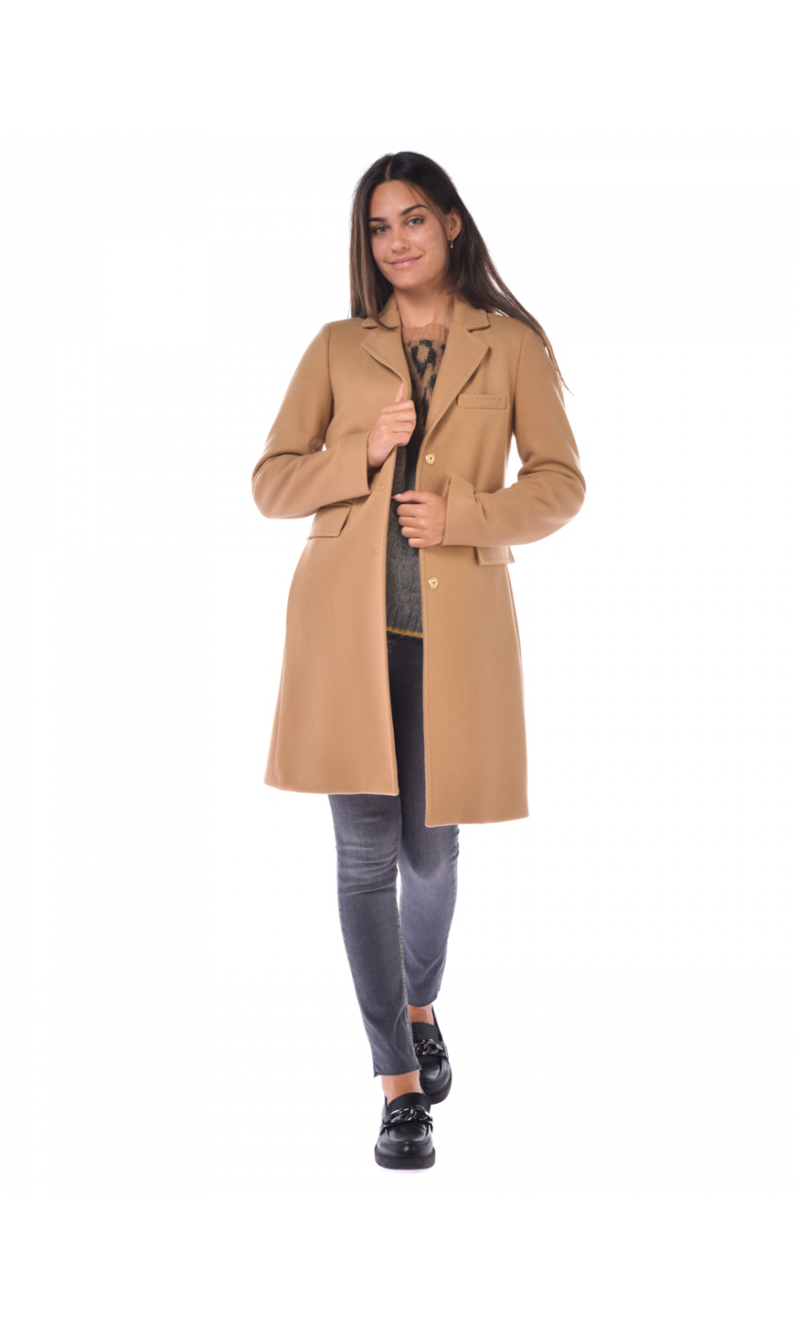 cappotto da donna Liu Jo color cammello con tasche e impunture